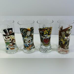 ED HARDY 2 fl.oz. SHOOTER SHOT GLASSES Skeleton Tiger Skull 90s Set Of 4 In Box